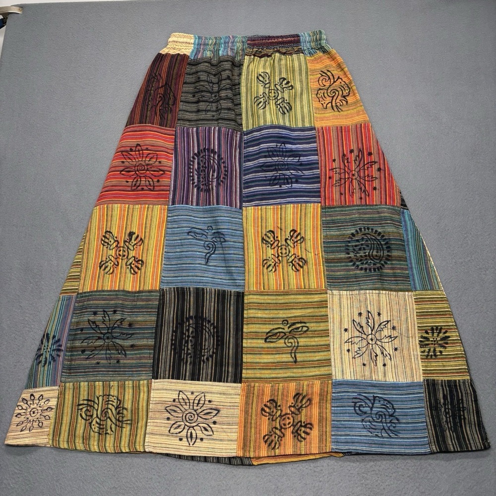 Patchwork Striped Midi Skirt Size S Boho Hippie Retro 100% Cotton Made in Nepal - Picture 10 of 13